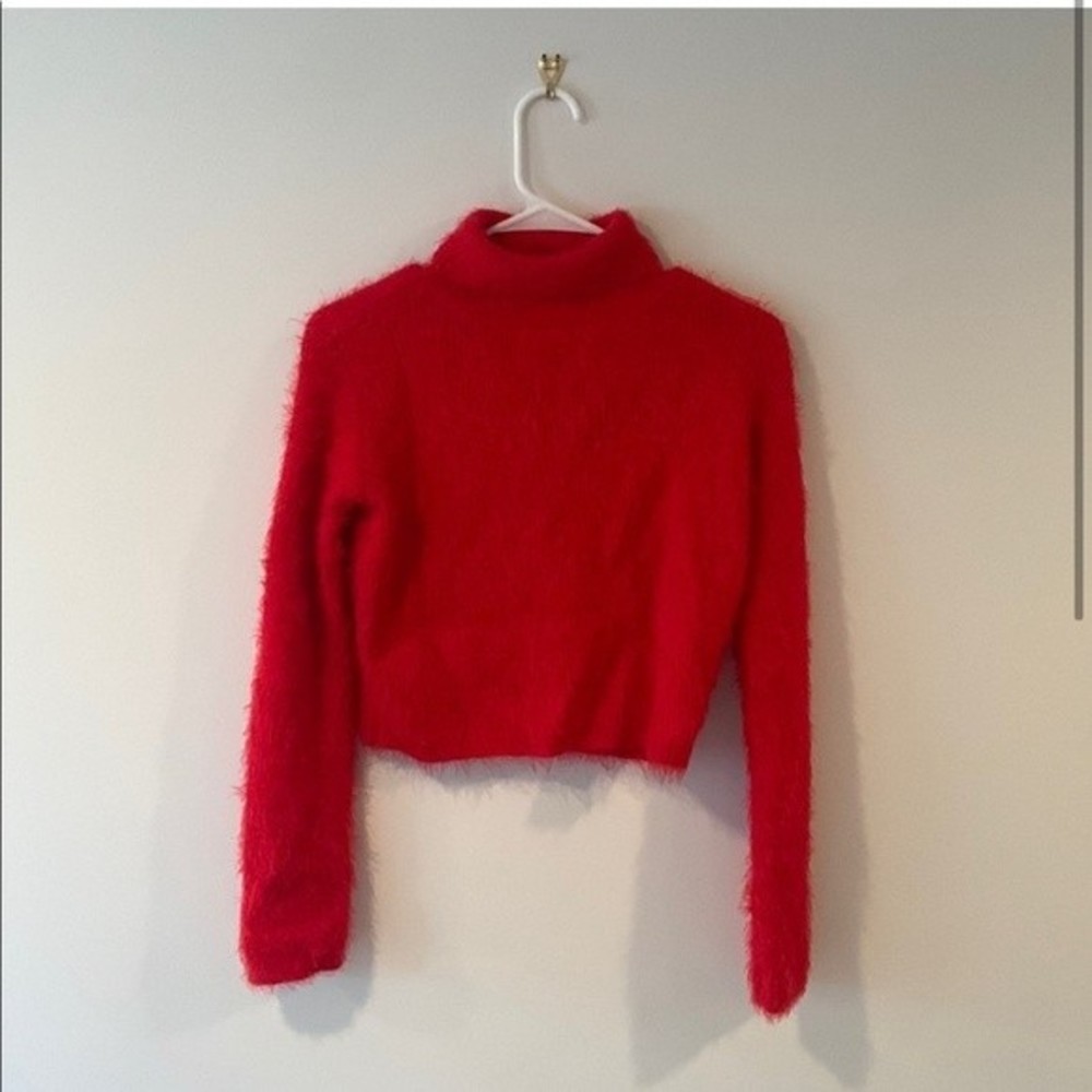 Better Be Red Fuzzy Cropped Turtleneck Sweater Small Holiday Valentines